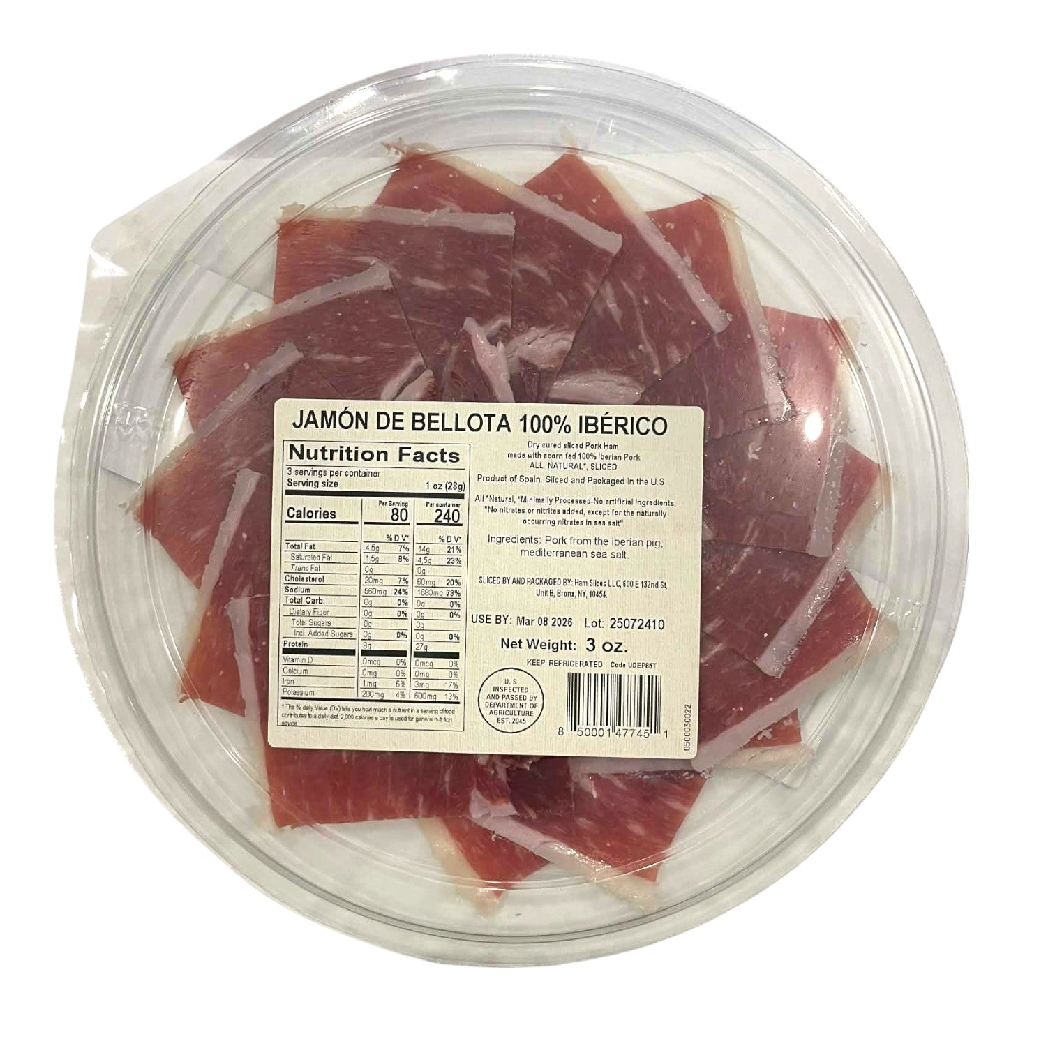 🇪🇸 Premium Ibérico Jamón De Bellota 100 % Ham (Hand-Carved Pata Negra) • Aged 42 Months, 3 oz (85g)