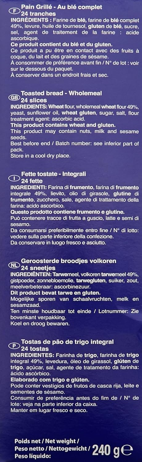🇫🇷 24 Whole Wheat Breakfast Toast/Tartines de Pain, (240g)