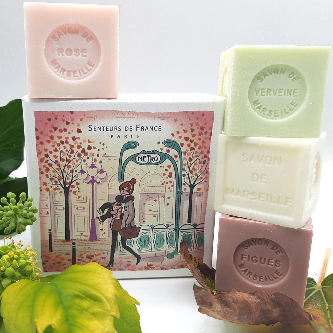 🇫🇷 4 Marseille Cube Soaps, Vanilla, Rose, Fig, and Almond in Gift Box