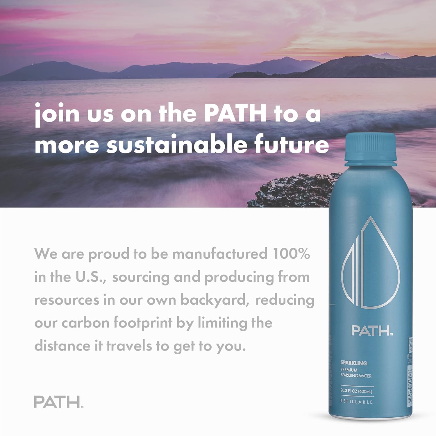 🇺🇸 Sparkling Electrolyte Water in Refillable Aluminum Bottle by PATH, 20.3 fl oz (600ml)