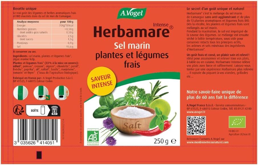 🇫🇷 Herbamare Intense: Organic Camargue Sea Salt w/ 14 Fresh Plants and Vegetables, 8.8 oz (250g)