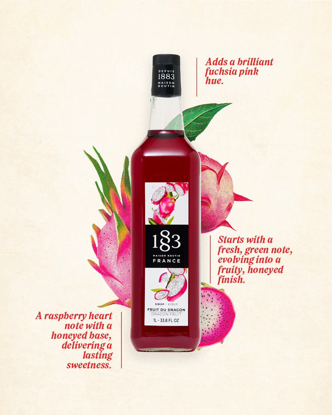 🇫🇷 1883 Dragon Fruit - French Premium Mixed Berries Syrup, 33.8 fl oz (1 liter, PET bottle)