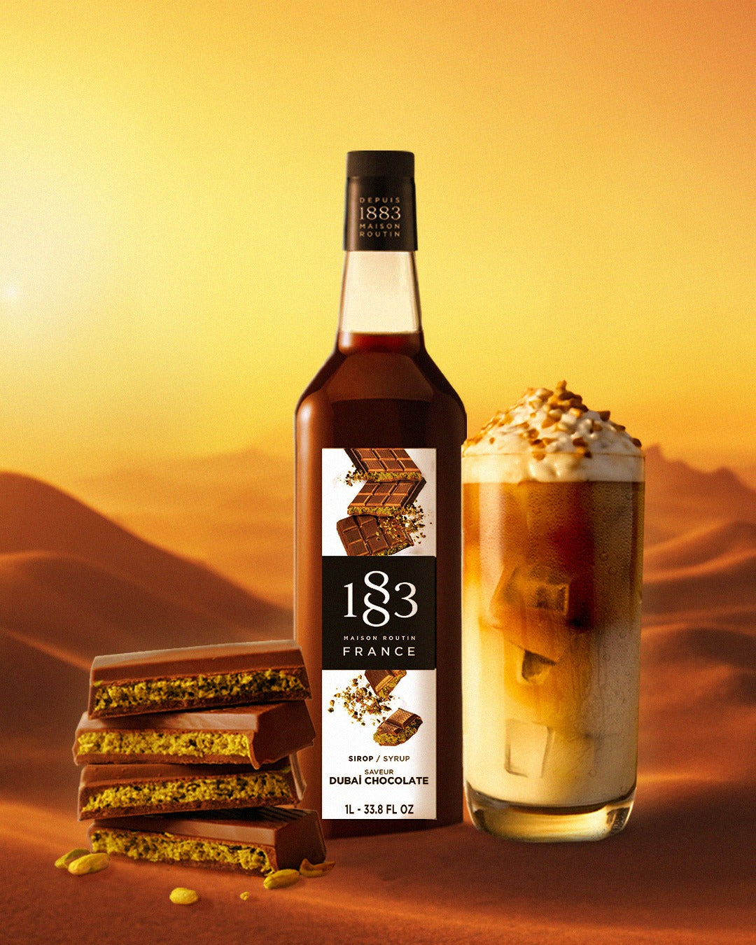 🇫🇷 1883 Dubai Chocolate - French Premium Mixed Berries Syrup, 33.8 fl oz (1 liter, Glass bottle)