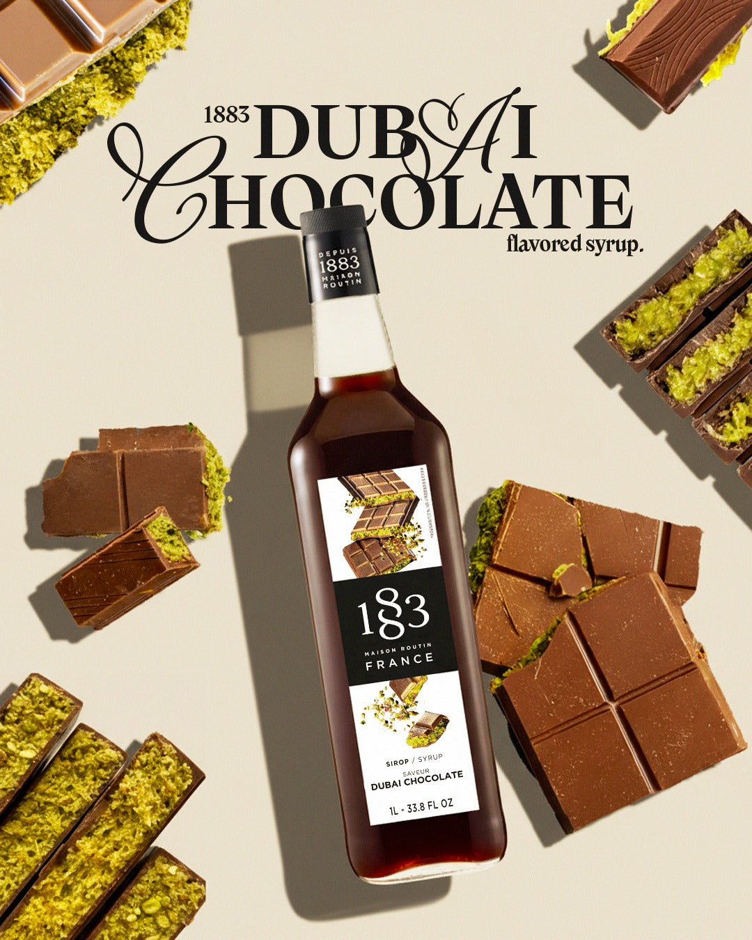 🇫🇷 1883 Dubai Chocolate - French Premium Mixed Berries Syrup, 33.8 fl oz (1 liter, Glass bottle)