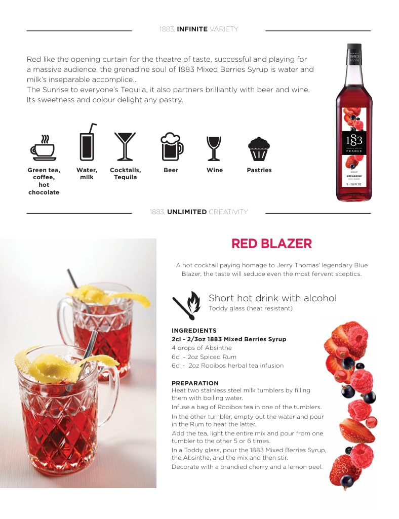 🇫🇷 1883 Grenadine - French Premium Mixed Berries Syrup, 33.8 fl oz (1 liter, PET bottle)