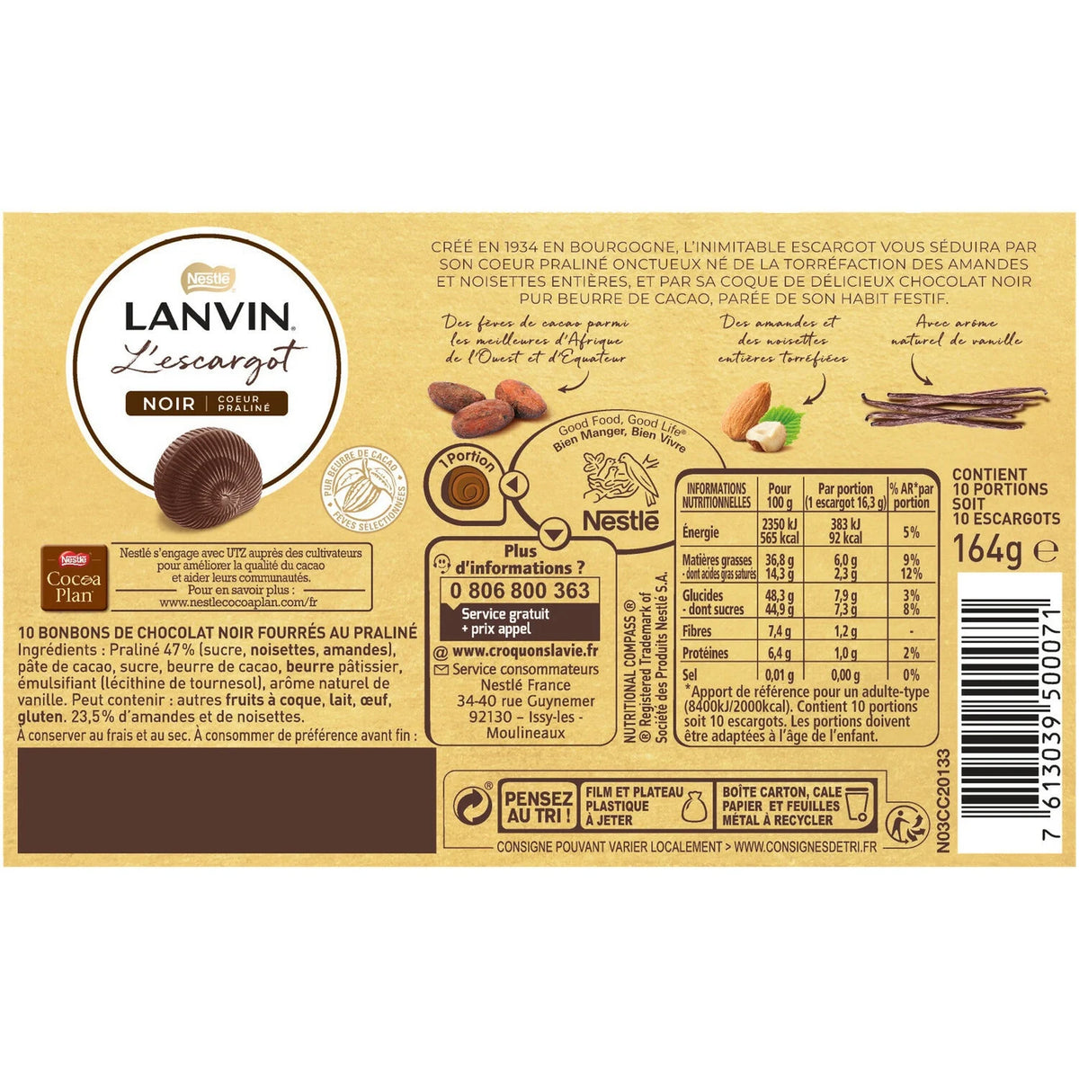🇫🇷 10 L'Escargots LANVIN Dark Chocolates, 5.78 oz (164g)