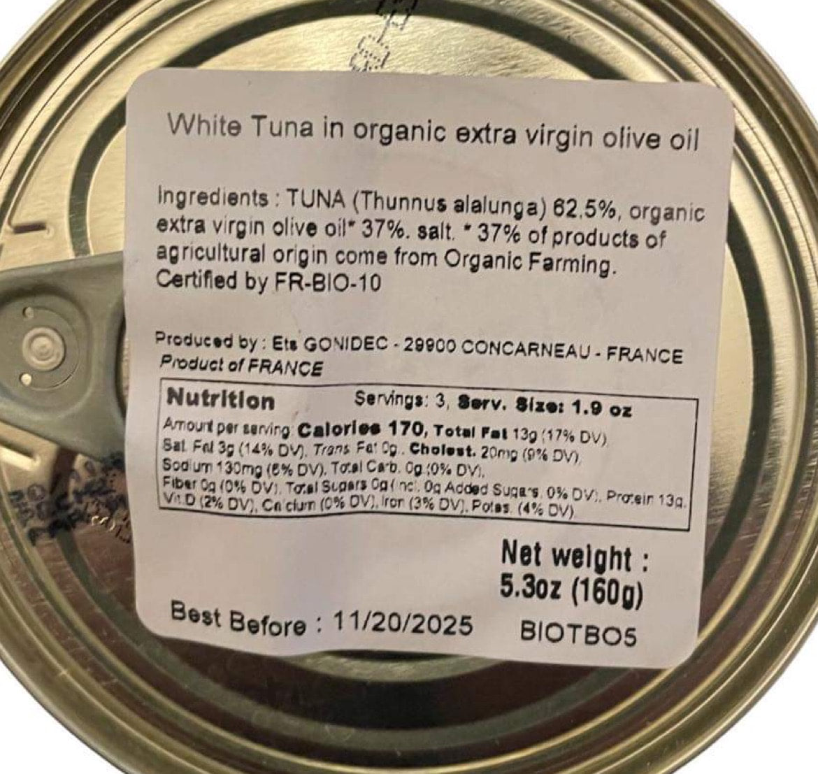 🇫🇷 White Tuna (Germon)  in Organic Extra Virgin Olive Oil, 5.3 oz