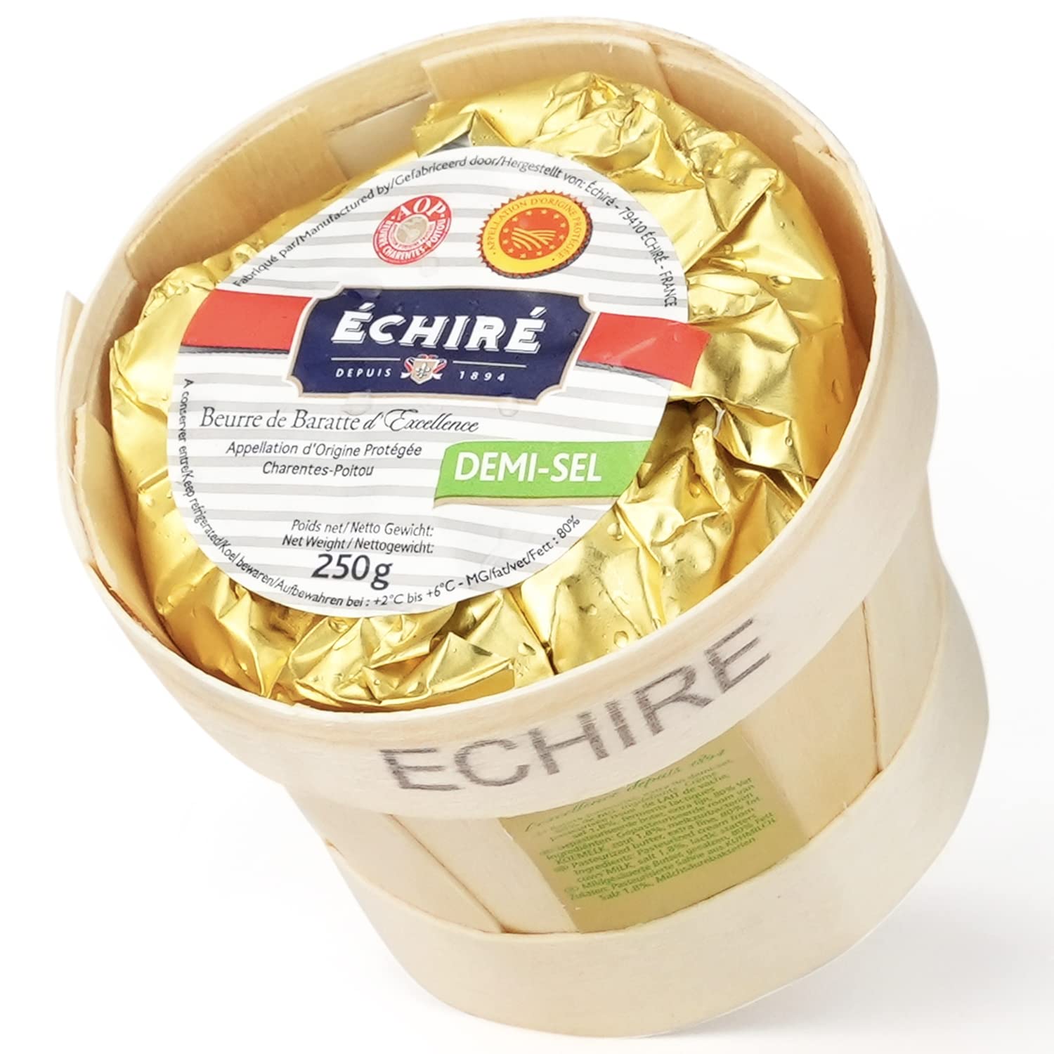 🇫🇷 Échiré Salted Churned/Baratte Butter 'Motte' In A Wooden Basket, 8.8 oz (250g)