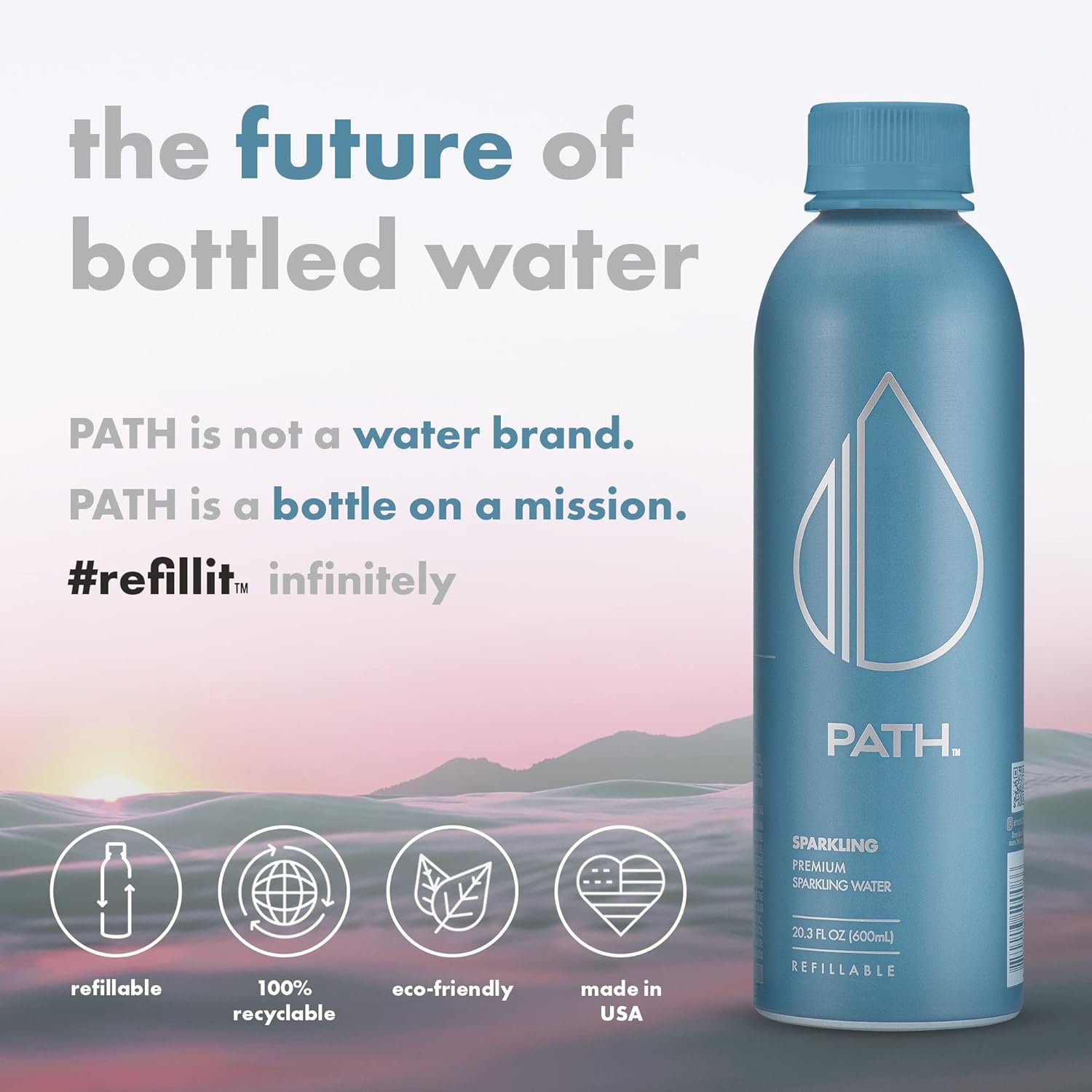 🇺🇸 Sparkling Electrolyte Water in Refillable Aluminum Bottle by PATH, 20.3 fl oz (600ml)