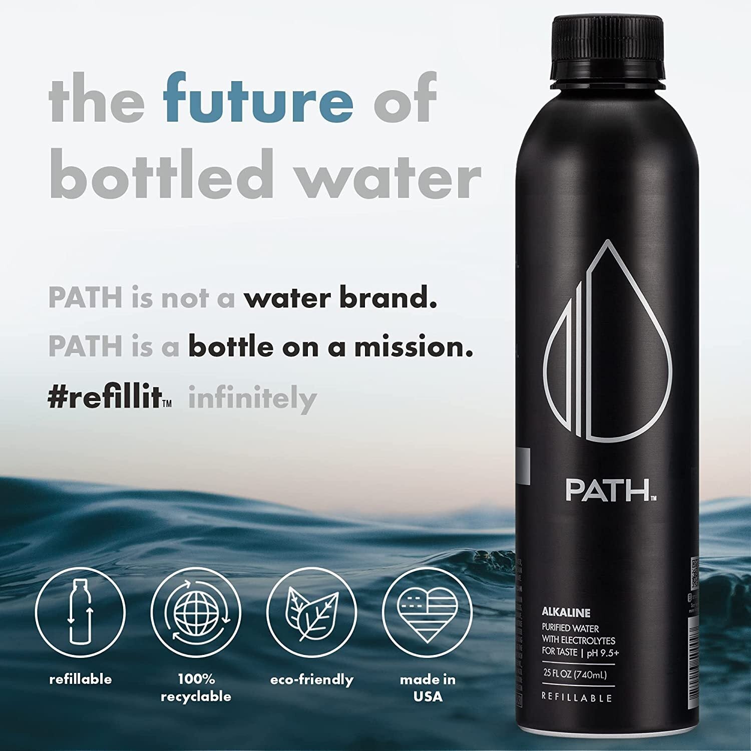 🇺🇸 Alkaline Water w/ Electrolytes in Refillable Aluminum Bottle by PATH, 25 fl oz (740ml) [Large]