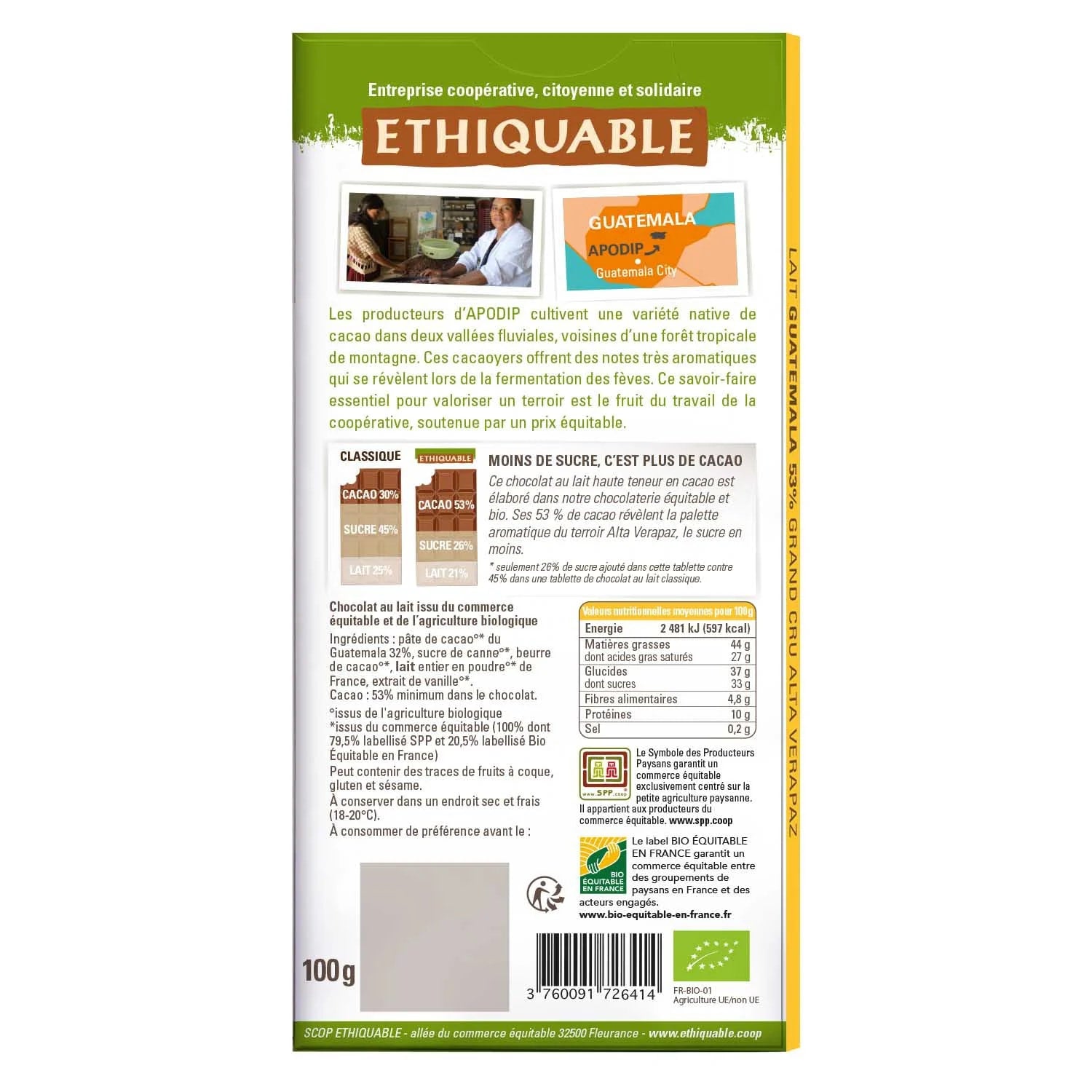 🇫🇷 Organic Milk Chocolate (53% Cocoa from Guatemala), 3.5 oz (100g)