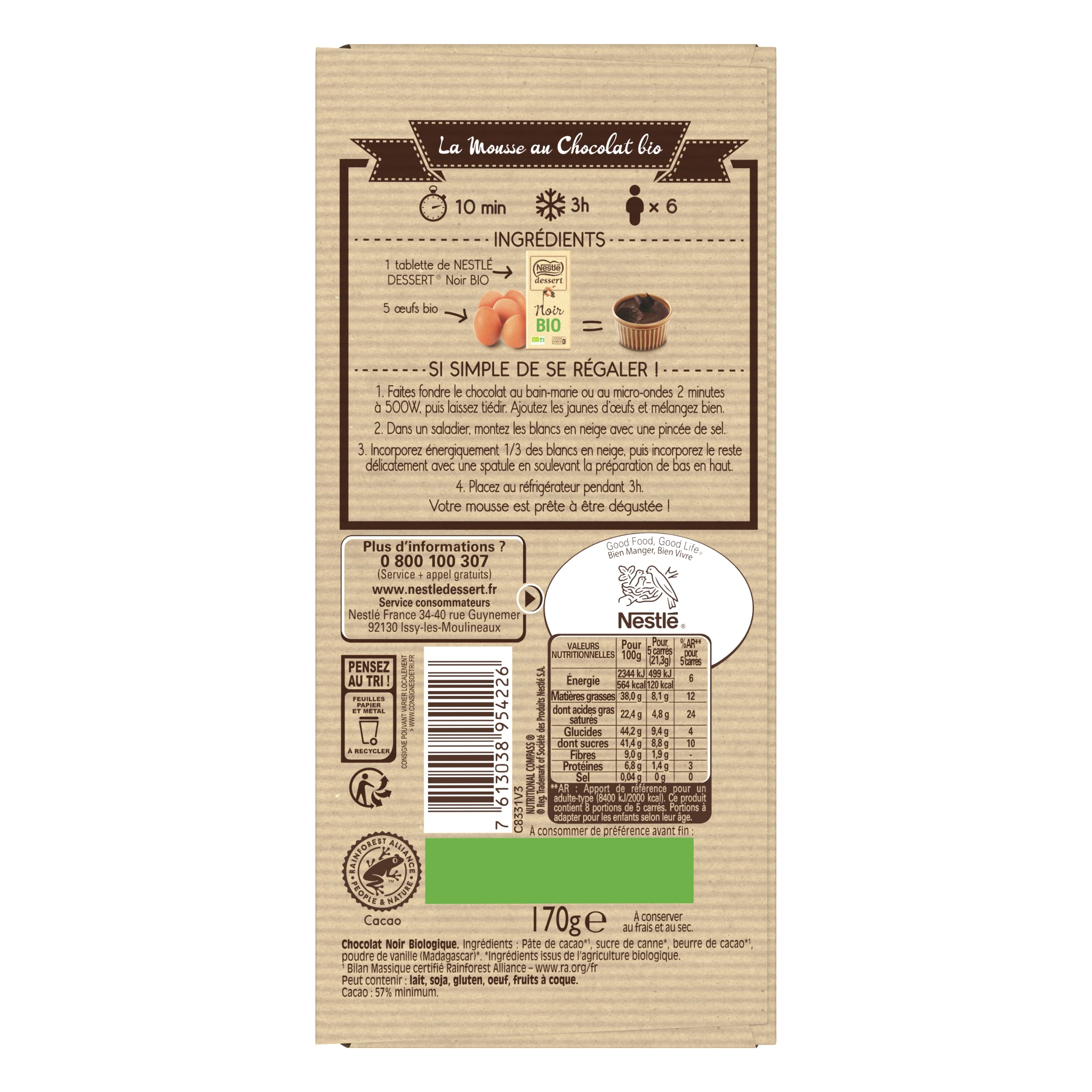🇫🇷 Bio Organic Dark Chocolate Baking Bar (52%) by Nestlé Dessert, 7 oz (200g)